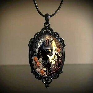 Necklace 3D Cat Black Pendant Dome Beveled PU Leather Gothic Rave Scene FIligree